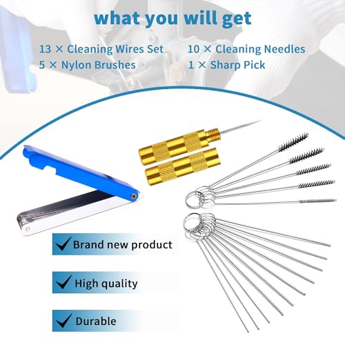 Carburetors Carbon Dirt Jet Remove Cleaner, 13 Cleaning Wires Set + 10 Cleaning Needles + 5 Nylon Brushes + 1 Sharp Pick Tool Kit, Compatible with Motorcycle ATV Moped Welder Carb Chainsaw - size: 13 Cleaning Wires Set