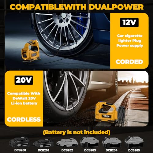Cordless Tire Inflator Air Compressor Compatible with Dewalt 20V Battery,160PSI Portable LED Light Handheld Pump with Digital Pressure Gauge Cars Motorcycles Bikes Balls(Battery Not Included)