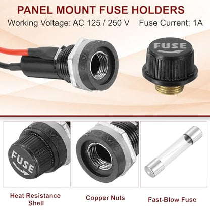 MECCANIXITY 5 Pcs Panel Mount Fuse Holder, 10/15A AC 125/250V 6 x 30mm Fuse Spade Terminal Screw Cap Fuse Holders with Pre-Soldered Wires and 1A Glass Tube Fuses - size: 6X30mm, style: 1A