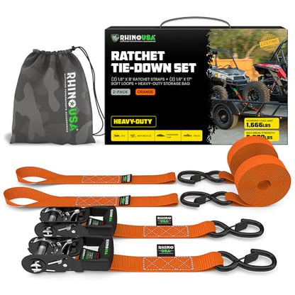 RHINO USA Ratchet Straps Tie Down Kit, 5,000 Break Strength - Includes Heavy Duty Rachet Tiedowns with Padded Handles & Coated Chromoly S Hooks + Soft Loop Tie-Downs - color: Orange, size: 8ft - 2 Pack