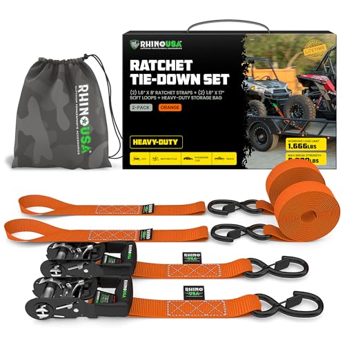RHINO USA Ratchet Straps Tie Down Kit, 5,000 Break Strength - Includes Heavy Duty Rachet Tiedowns with Padded Handles & Coated Chromoly S Hooks + Soft Loop Tie-Downs - color: Orange, size: 8ft - 2 Pack