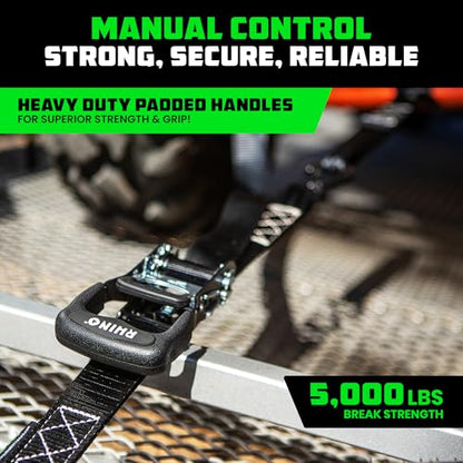 RHINO USA Ratchet Straps Tie Down Kit, 5,000 Break Strength - Includes Heavy Duty Rachet Tiedowns with Padded Handles & Coated Chromoly S Hooks + Soft Loop Tie-Downs - color: Black, size: 8ft - 2 Pack