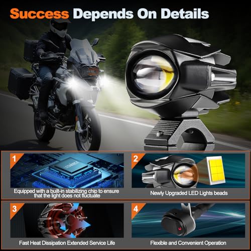LEDMIRCY Motorcycle Auxiliary Lights, Luces Exploradoras Para Moto With Switch Wiring Harness LED Fog Driving Light Kit IP68 Waterproof/Shockproof Offroad Spot Lights for ATV UTV Snowmobile Boat