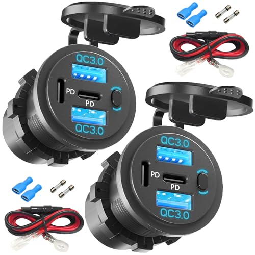 2PCS,Dual PD USB C Ports & Dual USB Quick Charge 3.0 Ports 12V USB Outlet with Switch, VANONE Waterproof and Dustproof Car Charger Socket, Accessories for Car Boat Marine Motorcycle RV ATV Golf Cart