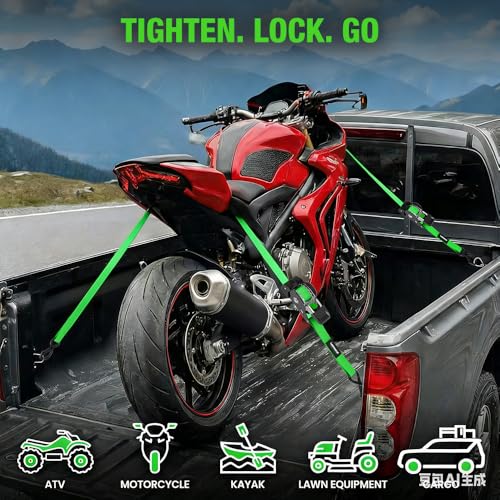 Retractable Ratchet Straps (4-Pack) - 1 Inch x 10 Feet (1,650lb Break Strength) - Heavy Duty Auto Self Retracting Tie Down Straps for Motorcycle, ATV, UTV, Truck, Cargo Trailer - Green - color: Green