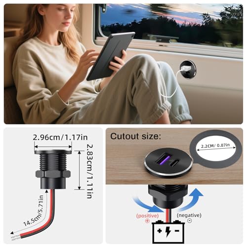 12V Aluminum USB Outlet Dual High-Speed Charging Ports, 30W PD3.0 Type-C+18W QC3.0 Fast Charging Socket, Recessed Mount Charger Replacement for Camper Van Trailer Truck Car Boat RV