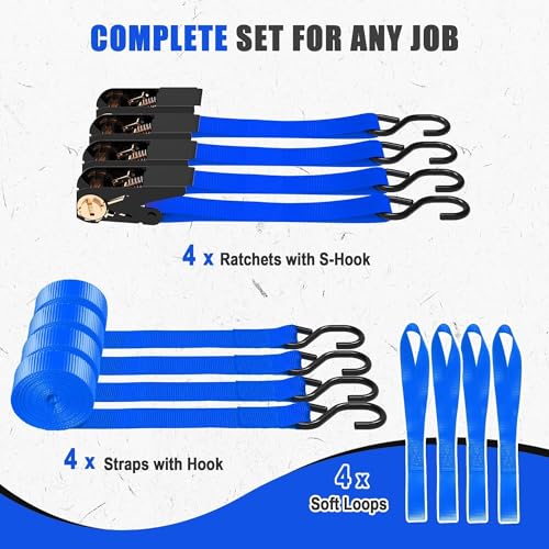 AWELCRAFT Ratchet Straps 4 Pack,1 Inch x 15 Feet Tie Down Ratcheting Strap,1500lb Breaking Strength with S-Hook,4X Soft Loops for Moving Appliances,Lawn Equipment,Truck,Motorcycle(Blue) - color: Blue