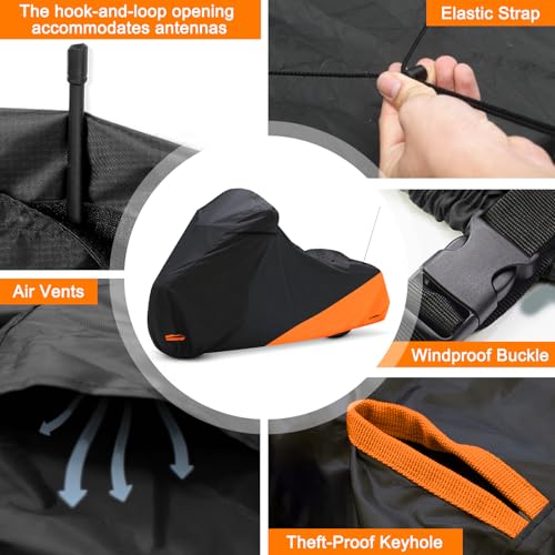 Waterproof Motorcycle Cover for Touring Models Made for Harley Davidson Road King Road Glide Street Glide Electra Glide Low Rider-ST Indoor & Outdoor All Weather Protection (Black & Orange) - size: Side Box