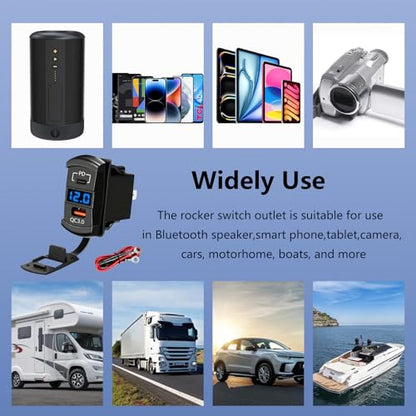 USB C Car Charger Socket,PD 55W & QC3.0 36W Multifunctional Dual-Port Fast Charging Outlet with LED Voltmetert,10A Inline Fuse,Rocker Switch USB Panel for Boat RV Truck Motorcycle ATV UTV Golf Cart - color: Blue