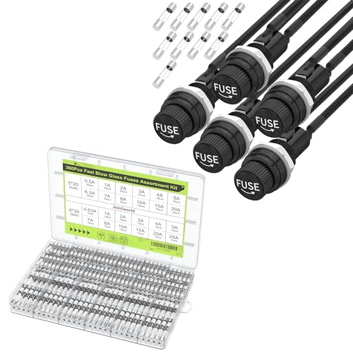 Joinfworld 360Pcs Fast Blow Glass Fuses Assortment Kit + 5 Pack Panel Mount Fuse Holder 5x20mm