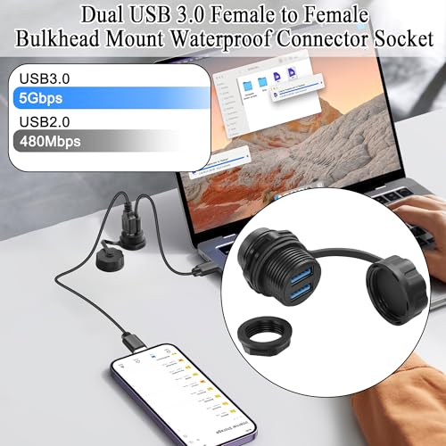 QIANRENON Dual USB3.0 Threaded Fixed Waterproof Connector 5Gbps Dual USB 3.0 Female to Female Bulkhead Mount Adapter 2 USB Port Front Panel Mount Socket 5V1.5A IP68, for Extend 2 USB Port