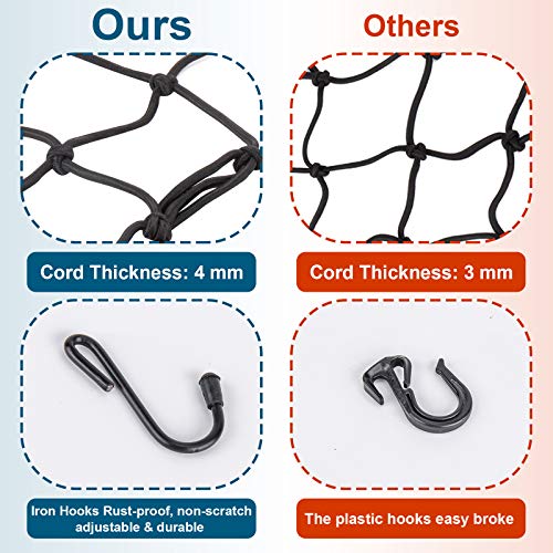 15.7"x15.7" 2Pack Bungee Cargo net Motorcycle, Made of Latex Heavy Duty Bungee Net Stretches to 33"x33", Luggage Thicken Netting with3 x3 Small Mesh&6 Adjustable Metal Hooks for Motorcycle, Bike, ATV