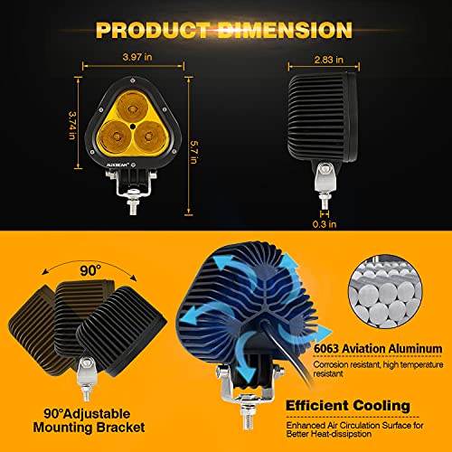 Auxbeam 4in 90W Led Amber Fog Light, Super Bright 9000LM LED Off Road Light Yellow Spot Flood Combo Triangle Led Pod for Jeep Motorcycle SUV Trucks Boat - color: Yellow & Spot Flood Combo