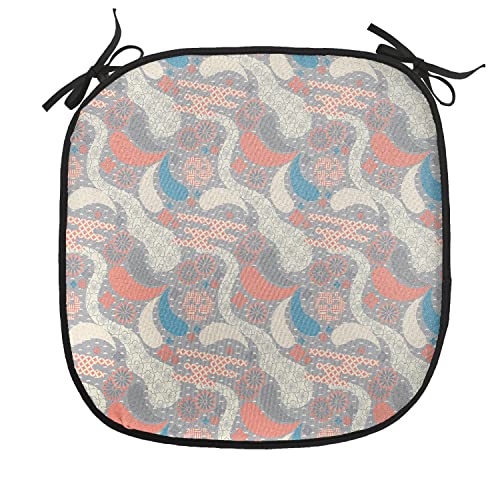Lunarable Japanese Chair Cushion Pad, Style Pattern of Lines Dots and Flowers Design Soft Feminine Shapes, Seat Padding for Kitchen & Patio with Anti-Slip Backing, 16"x16", Pink Grey - color: Pink Grey, size: Pack of 1
