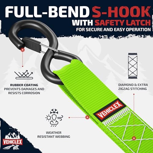Vehiclex 1.5" x 15 ft 4,400 lb Heavy Duty Ratchet Tie Down Straps with Soft Loops – 4PK for Cargo & Equipment – Green - color: Lime Green, size: 15 ft - 4 Pack