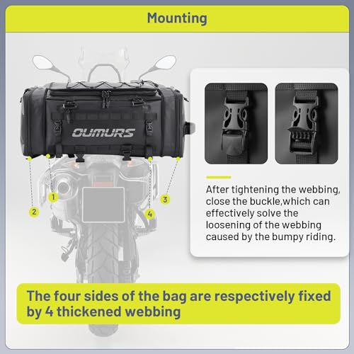 Oumurs 45-60L Expandable Waterproof Motorcycle Tail Bag with Rain Cover & Strap, Reflective All-Weather Trunk Rack Bags, Dual-Use Backpack for Large Capacity Storage, Motorcycle Luggage Rack Bags