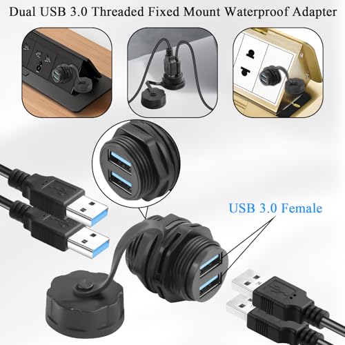 QIANRENON Dual USB3.0 Threaded Fixed Waterproof Connector 5Gbps Dual USB 3.0 Female to Female Bulkhead Mount Adapter 2 USB Port Front Panel Mount Socket 5V1.5A IP68, for Extend 2 USB Port