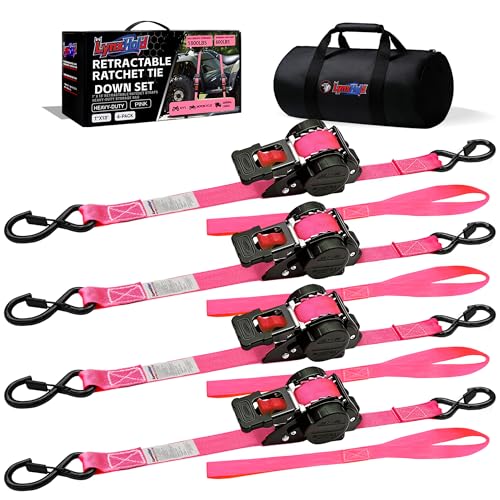 Retractable Ratchet Straps 1" x 13Ft, Heavy Duty Self Retracting Tie Down Straps, 1800lb Break Strength Auto Retract Cargo Straps for Truck, Trailer, Motorcycle, ATV, UTV, (Pink, 4 Pack) - color: Pink, size: 4 pack