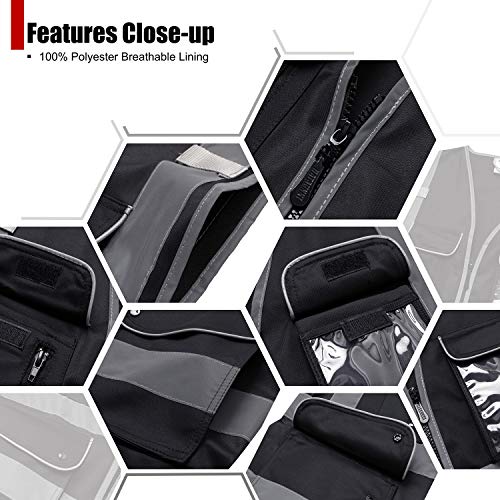 Class 2 Retro-Reflection Safety Vests 9 Pockets and Front Zipper ANSI/ISEA 107-2015 (Black-03, 4X-Large) - color: Black, size: 4X-Large