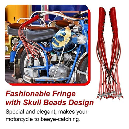 Motorcycle Lever Cover PU Leather Fringed Brake Clutch Covers Universal Grip Tassels Motorcycle Handlebar Covers with Skull Beads - color: Red