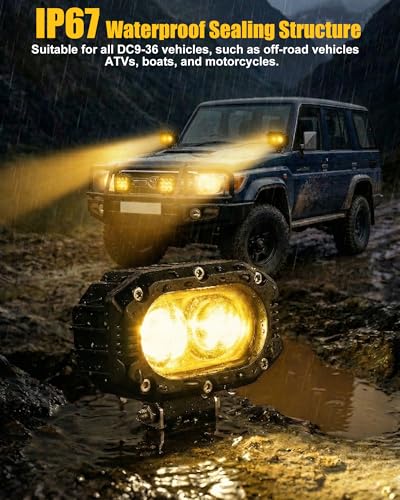 4 Inch LED Pod Lights, 48W Square Offroad Driving Lights Super Bright 120° Amber Spotlight Combo Beam LED Auxiliary Light Bar with Wiring Harness Kit for Motorcycle Jeep Wrangler Truck Pickup ATV UTV - color: 4in Amber Spotlight+Wire