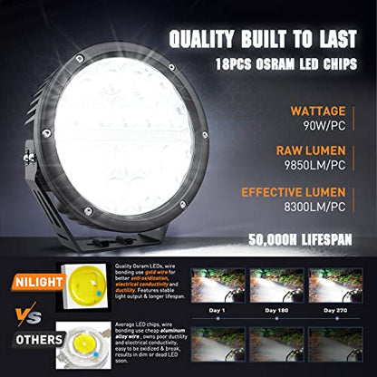 Nilight 7 Inch Round LED Offroad Driving Lights with DRL 2 PCS 90W 9850LM IP68 Spot Flood Combo Work Light w/ 12AWG DT Connector Wiring Harness Kit for 4x4 Truck ATV UTV SUV - color: 2Pcs 90w 7Inch white DRL Light Kit