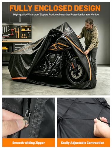 Full Enclosed Motorcycle Cover, 600D Heavy Duty Waterproof Motorcycle Cover with Reflective Strips & Vents, Fits 96" Scooter, Dirtbike, Cruiser & Touring Motorcycles (Black) - size: 96"-XXL