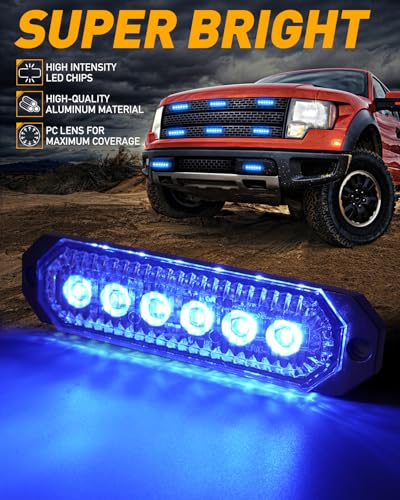 HLauto 406T Emergency Strobe Grille Lights: 4Pcs 6 LED Sync Feature Safety Warning Flashing Light, 12V-24V Ultra Slim Surface Mount Hazard Caution Light for Truck, Vehicle, Car, ATV, UTV (Blue) - color: Blue