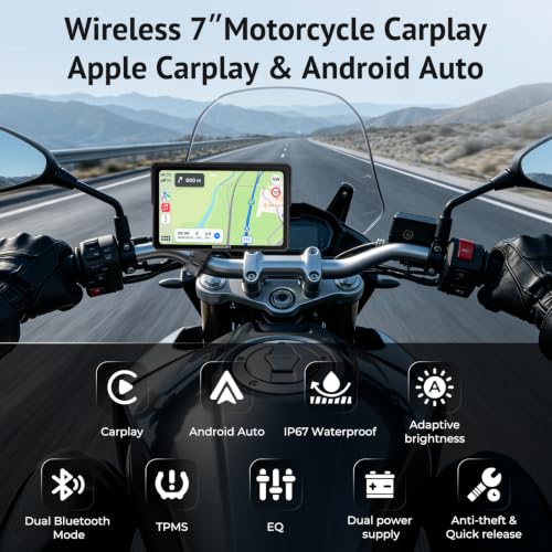 W722TPMS 7" Wireless Motorcycle CarPlay & Android Auto with TPMS,IP67 Waterproof Motorcycle GPS Touchscreen, Dual Bluetooth Audio,EQ, Light Sensor,USB/Acc Power for Riding - size: 7 Inch