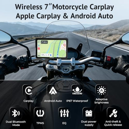 W722TPMS 7" Wireless Motorcycle CarPlay & Android Auto with TPMS,IP67 Waterproof Motorcycle GPS Touchscreen, Dual Bluetooth Audio,EQ, Light Sensor,USB/Acc Power for Riding - size: 7 Inch
