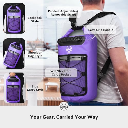 STOVER 5/10/25/30/40/55L Waterproof Dry Bag- Roll-Top Backpack w/Phone Case- Kayaking, Hiking, Camping, Boating- Men/Women - color: 30l Purple (With Phone Case), size: 30L