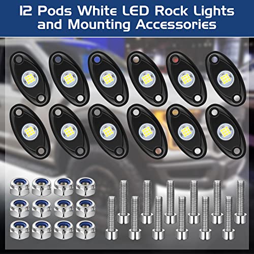 Macarrie 12 Pods Rock LED Lights Waterproof Neon Underglow Trail Rig Lamp Lighting for Car SUV Pickup Truck Motorcycle Boat ATV Utv RZR Rv Offroad Trailer Fender Under Body Golf(White) - color: White