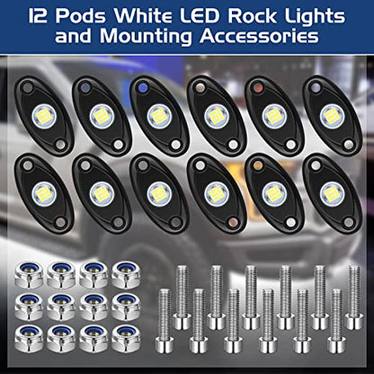 Macarrie 12 Pods Rock LED Lights Waterproof Neon Underglow Trail Rig Lamp Lighting for Car SUV Pickup Truck Motorcycle Boat ATV Utv RZR Rv Offroad Trailer Fender Under Body Golf(White) - color: White