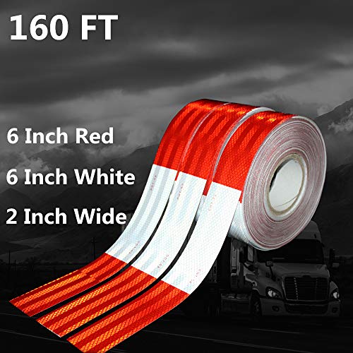 WAENLIR 2 inch x 160Feet Dot Reflective Tape Outdoor Waterproof High Visibility Safety Tape, Red and White Adhesive Conspicuity Tape for Trailer, Cars, Trucks, Cinta reflectiva para camiones - size: 2 inch X 160FT