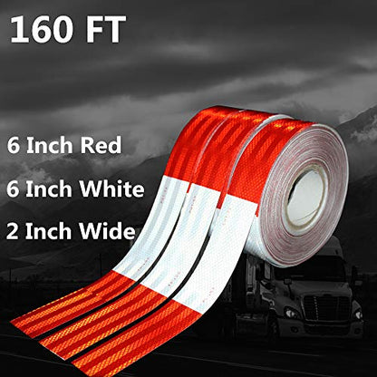 WAENLIR 2 inch x 160Feet Dot Reflective Tape Outdoor Waterproof High Visibility Safety Tape, Red and White Adhesive Conspicuity Tape for Trailer, Cars, Trucks, Cinta reflectiva para camiones - size: 2 inch X 160FT