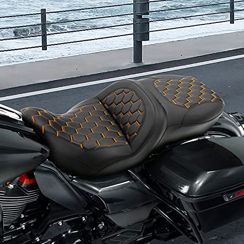 C.C. RIDER Low Profile Passenger Seat - Fat Diamond Pro 2-Up One-Piece fit for Harley Touring Road King FLHR Street Glide FLHX FLTRX 2009-2023 Bagger Comb #Orange Stitching One piece - color: Orange Stitching