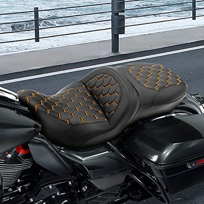 C.C. RIDER Low Profile Passenger Seat - Fat Diamond Pro 2-Up One-Piece fit for Harley Touring Road King FLHR Street Glide FLHX FLTRX 2009-2023 Bagger Comb #Orange Stitching One piece - color: Orange Stitching