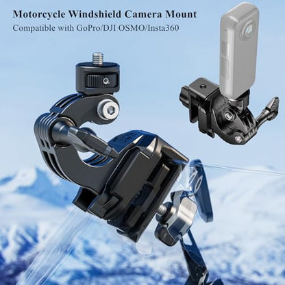 Kewig Motorcycle Windshield Camera Mount with Aluminum Alloy Clip Base & 1/4'' Threaded Adapter Compatible with GoPro/DJI OSMO/Insta360 Action Camera, Angle Adjustable, Quick-Release Design