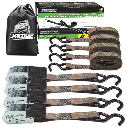 XSTRAP STANDARD 4 Pack 1" x 15' Ratchet Tie Down Straps - 630 Lbs Load Cap, 1890 Lbs Break Strength, Heavy Duty Cargo Straps for Moving, Truck & Motorcycle, Camouflage - style: 4pk 1inchx15ft 1890lbs camouflage
