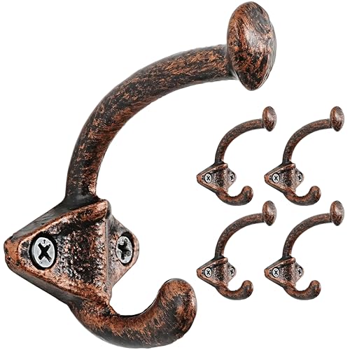 Dseap Cast Iron Wall Hooks, Heavy Duty Coat Hooks, Rustic Vintage Farmhouse Hook for Hanging Winter Coats Jackets Towels Hats Bags Plants, Antique Copper, Pack of 5 (ShldCast) - color: Antique Copper, size: L=3.25" (Pack of 5)
