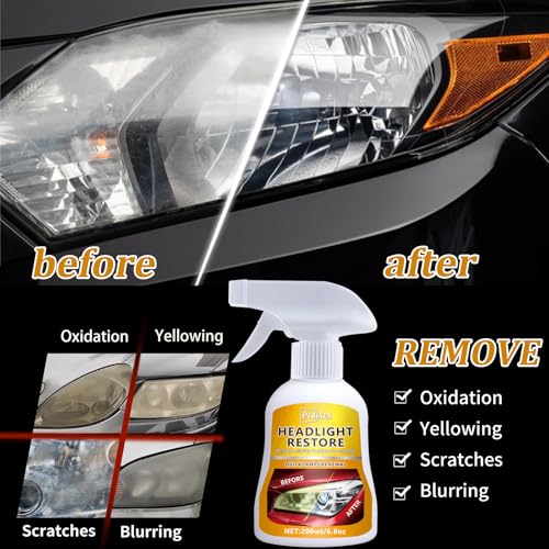 Headlight Cleaner Spray Headlight Restoration Kit for Yellowed, Foggy & Oxidized Headlights Instant Restoration Restores Crystal Clear Clarity Safe for Cars, Trucks, SUVs & Motorcycles