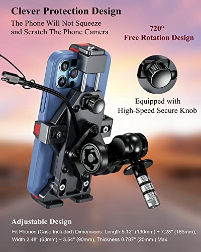 BRCOVAN Motorcycle Fork Stem Phone Mount with Qi 15W Wireless Charger & Vibration Dampener, Anti-Theft, Anti-Shake, Adjustable, Aluminum Alloy Motorcycle Cellphone Holder for 4.7-7.2'' Smartphone
