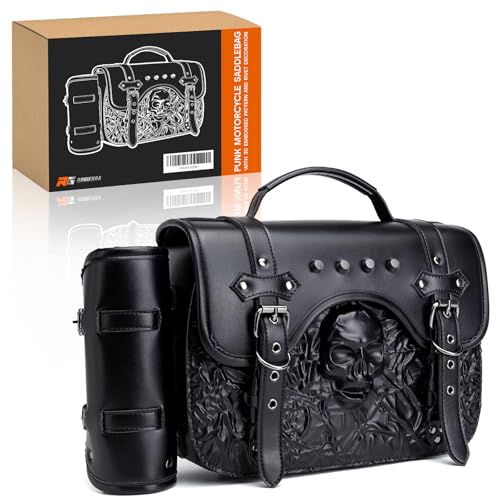 Rogierra Punk Motorcycle Saddlebag for Cruiser Motorcycles,Leather Motorcycle Tool Bag Front Fork Bag with Reinforced Straps,Rivet Decoration,14L - style: 3d Embossed Pattern and Rivet Decoration