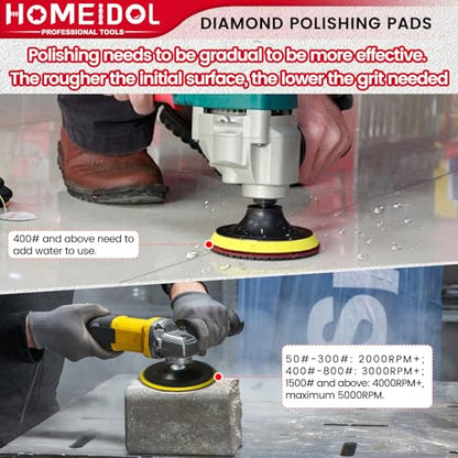 15PCS Diamond Polishing Pads Set 4 Inch, HOMEIDOL 50-8000 Grit Marble Polishing Kit for Concrete Stone, Wet/Dry Granite Polishing Kit for Drill, Grinder, Polisher with 5/8"-11 Backer Pad