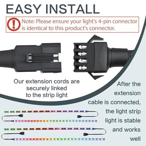 Rock Light Extension Wires 4 Pin and 2-Way Splitters 60 Inch, 8 Pcs | Rectangular Connector Pure Copper Insulated RGB LED Extension Cable for Motorcycle ATV Golf Car Truck Neon Underglow Strip