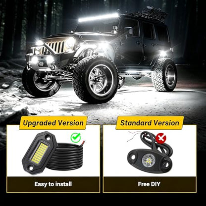 8 Pods Aluminium Pure White LED Rock Lights, 6500K Super Bright Neon Underglow Lights, IP68 Waterproof for Trucks SUV UTV ATV RZR Car Boats Motorcycle with 15ft Extension Wire - size: 8 Pods