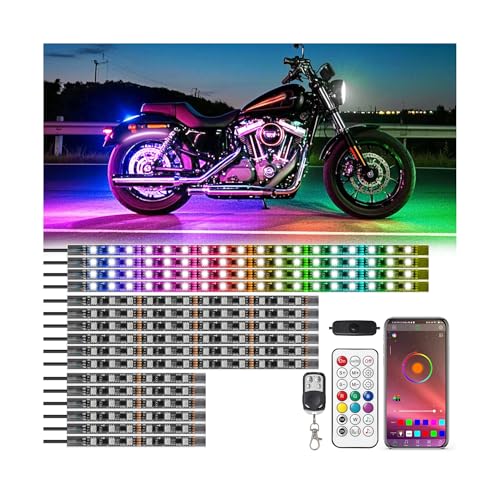 16Pcs RGB+IC Chasing Motorcycle LED Lights with APP/RF Remote, Dreamcolor Motorcycle LED Underglow Kit with Brake Turn Signal, 12V Waterproof Neon Strip Lights Kit for Harley Kawasaki ATV Golf Cart - color: RGB+IC 16 Pcs