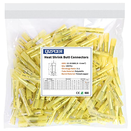 100 Pcs Yellow Heat Shrink Butt Connectors, 12-10 AWG Waterproof Crimp Terminals Electrical Wire Connectors Splice for Marine, Cable, Wiring Tool, Automotive - size: 12-10 AWG