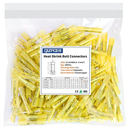 100 Pcs Yellow Heat Shrink Butt Connectors, 12-10 AWG Waterproof Crimp Terminals Electrical Wire Connectors Splice for Marine, Cable, Wiring Tool, Automotive - size: 12-10 AWG