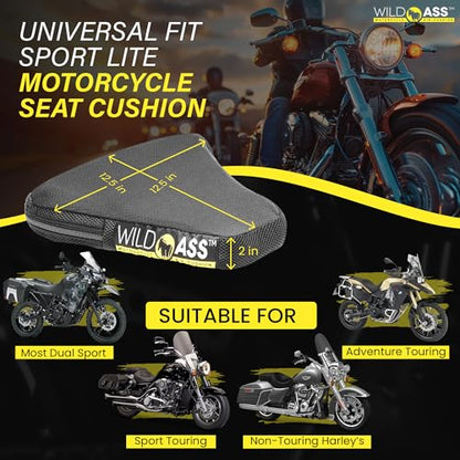 Wild Ass Sport Lite – Motorcycle Air Gel Seat Pad, Ergonomic Air-Adjusting Cushion with Straps, Universal Fit for Ultimate Rider Comfort & Relief, Cool Flow Motorcycle Accessory for Long Rides – Black - style: Lite